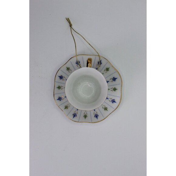 Porcelain Teacup Ornament with Saucer • Blue & Green Floral • Gold Handle - Picture 4 of 5